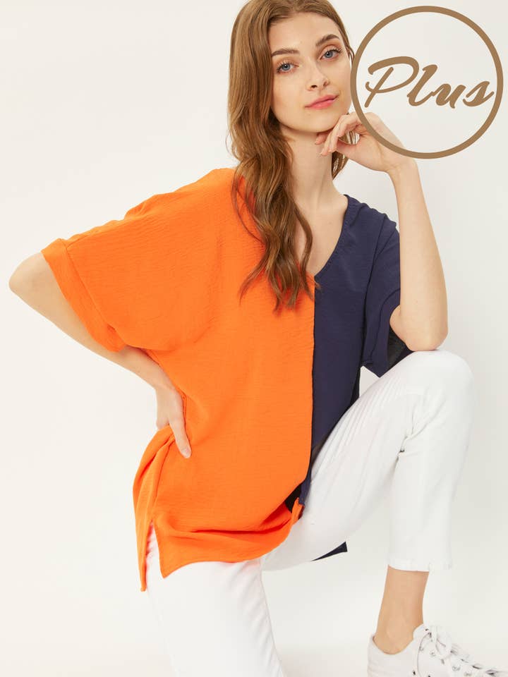 ST3379-PLUS - COR BLOCO V FLUXO DE AR DE MANGA CURTA TECIDO NO DECOTE por atacado de FSL Apparel