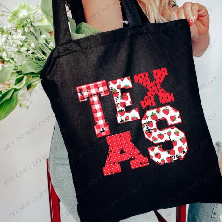Texas Strawberry Tote for wholesale by Farmtown Printing Company