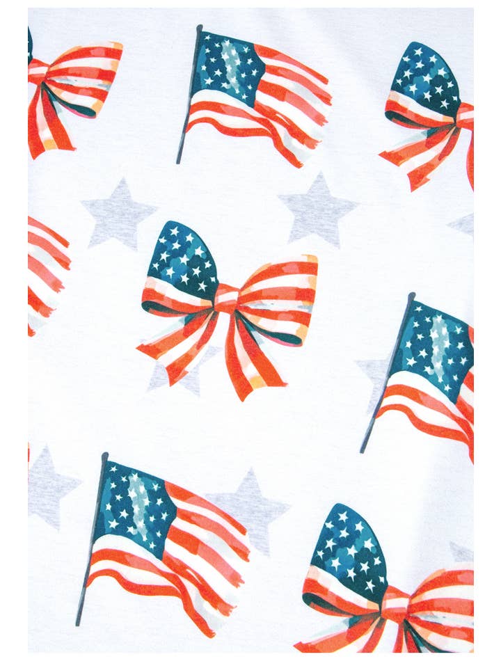 As shown Fashion-W Patriotic Flag Bow Graphic Starry T Shirt for wholesale on Faire