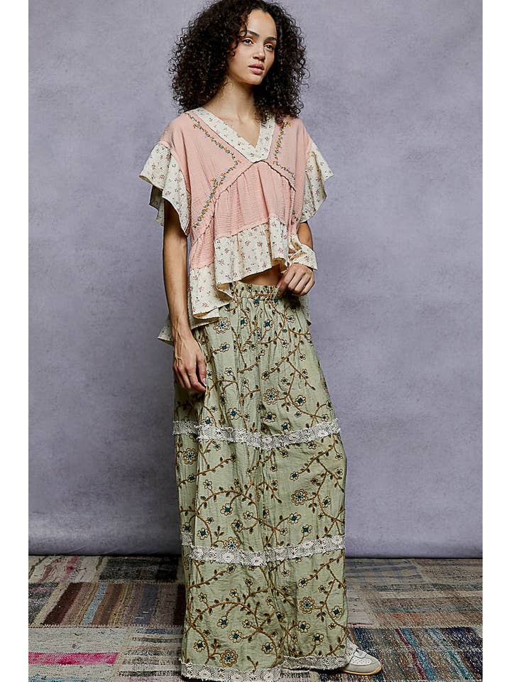 Pol Clothing - Wholesale Pants - Women's - Crochet lace patch embroidered woven floral pattern pants14