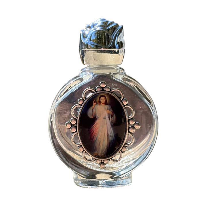 Holy Water Bottle - Divine Mercy Encased w/ Rose Top 2.5" for wholesale by Oremus Mercy