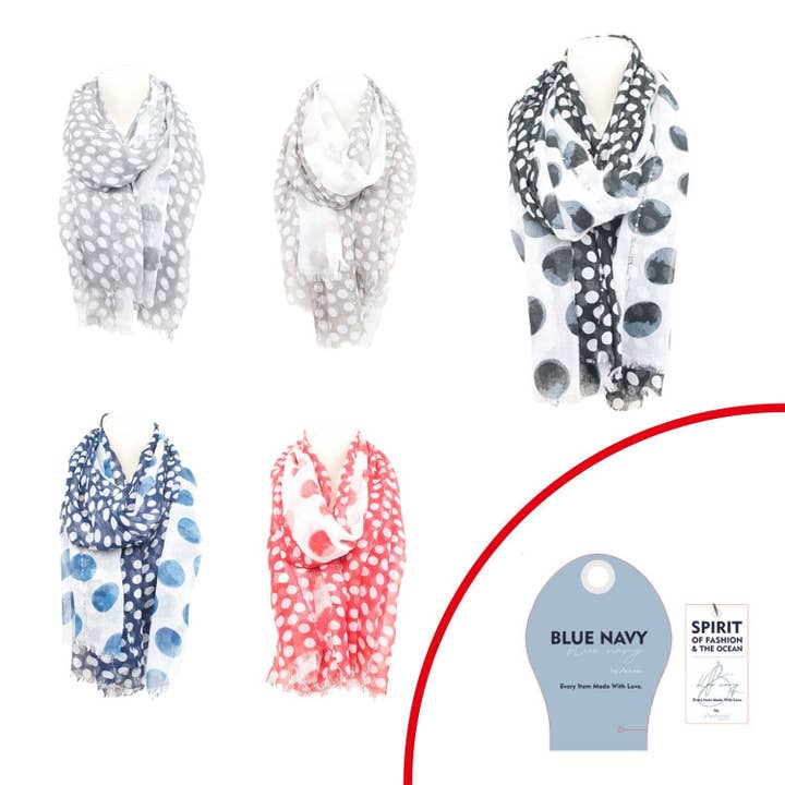 Zomer dames sjaal » Blauw Marine Polka Dot Design » lichte zomersjaal 180 x 90 cm » Halsdoek met stippen en pailletten » Damessjaal zacht & dun voor wholesale door VewoTex