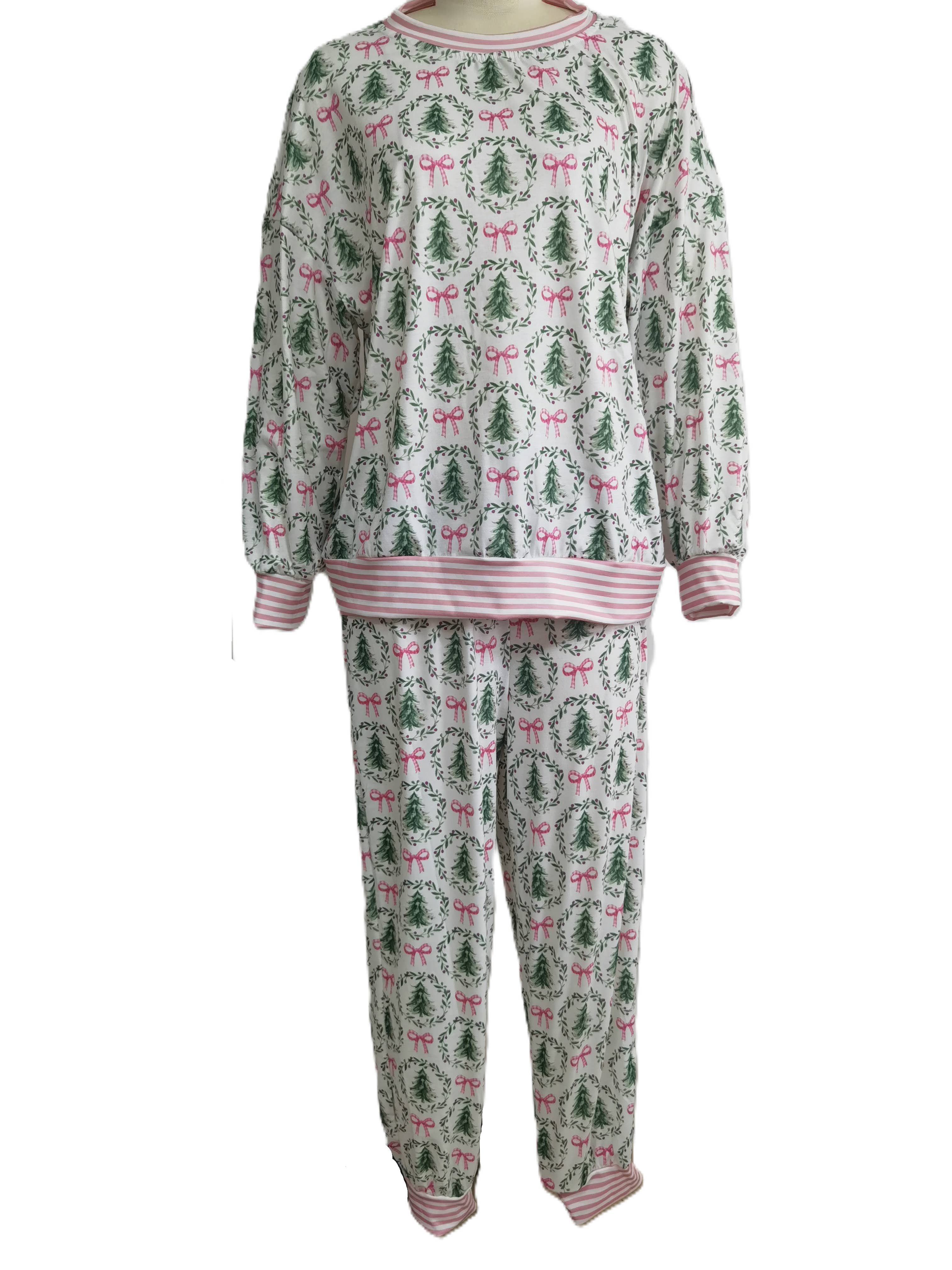Pink Bow & Christmas Tree Print Contrast Striped Lounge Set for wholesale on Faire