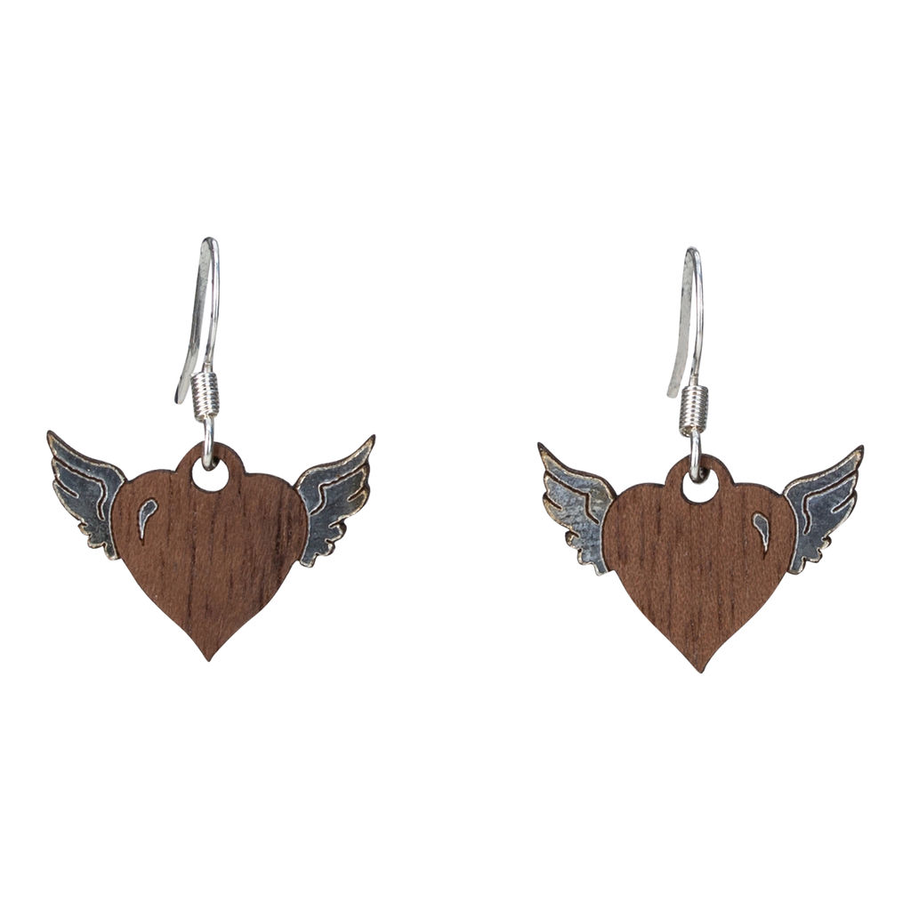 Woodcutts Inc. - Wholesale Dangle Earrings - Heart with Wings Twig Earring with Silver Foil Accent0