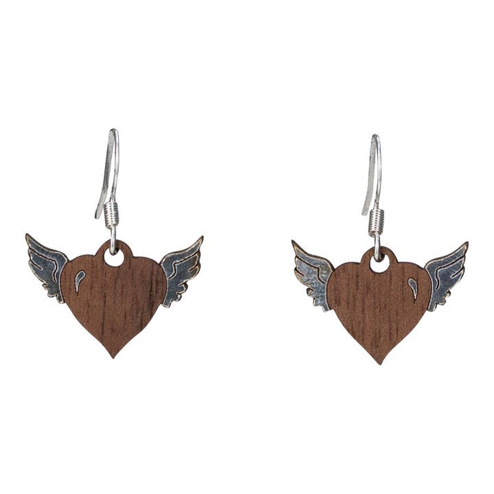 Woodcutts Inc. - Wholesale Dangle Earrings - Heart with Wings Twig Earring with Silver Foil Accent