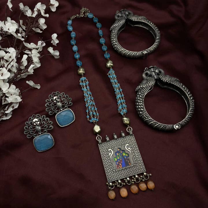 Peacock Oxidized Silver Necklace Set With Earrings & Bangles for wholesale by Quirky Fashions