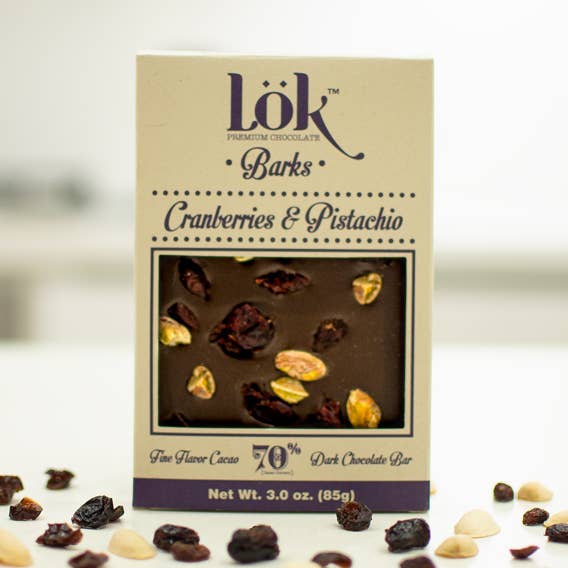 Cranberries and Pistachio Chocolate Bark for wholesale by Lök Foods
