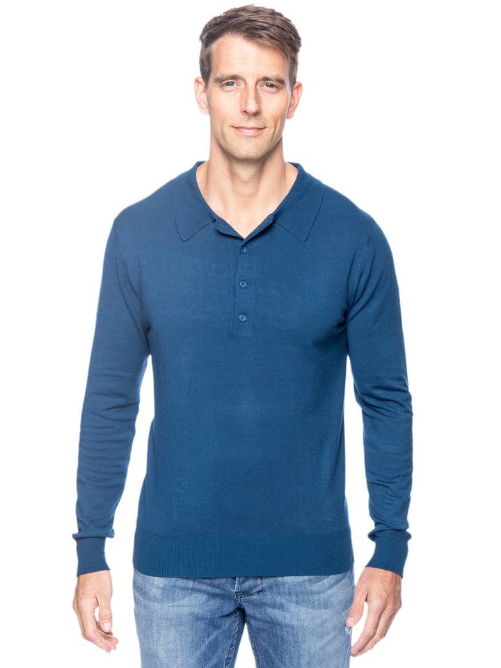 Polo à manches longues en tricot classique - Sarcelle pour la vente par Tocco Reale