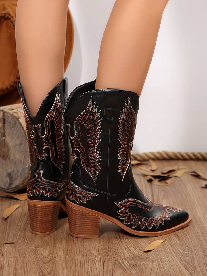 Black Mackenzie Western Eagle Embroidered Faux Leather Boots for wholesale on Faire1