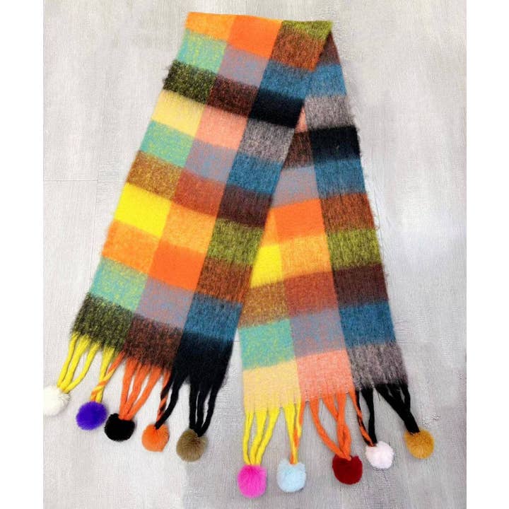 JC Sunny Fashion - Vente Écharpe – femme - Écharpe colorée à carreaux avec pompons duveteux5