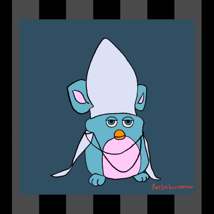 Cursed Furbies - The Pope Cult Leader Funny Furby Art Religious Humor 4x6 Art Print for wholesale by Fiat Lux Illustration