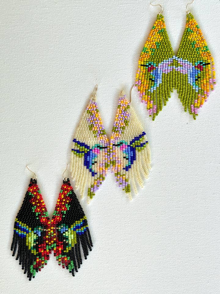 Hummingbird Harmony Drop beaded earrings for wholesale by Con Cariño Design