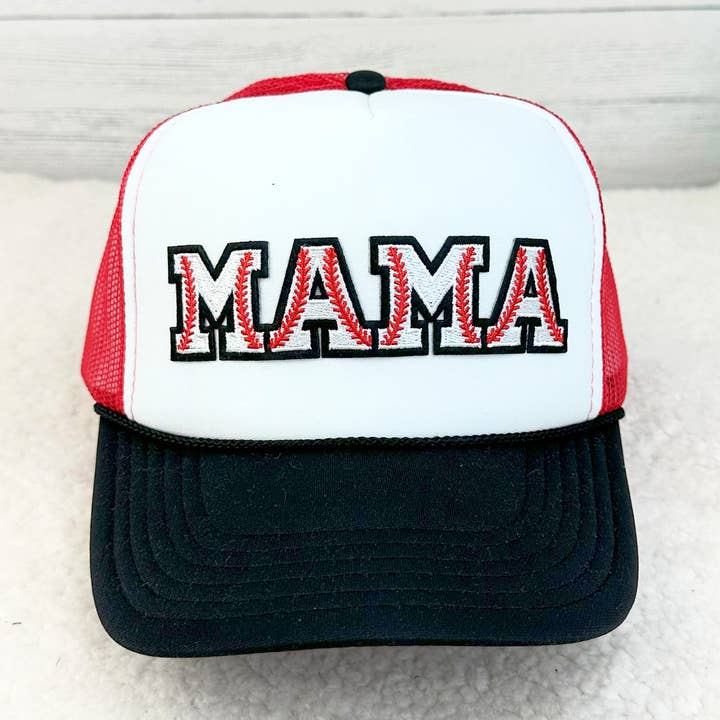 MAMA Black and Red Baseball Patch on Foam Trucker Hat for wholesale by Trendy Tee Co.