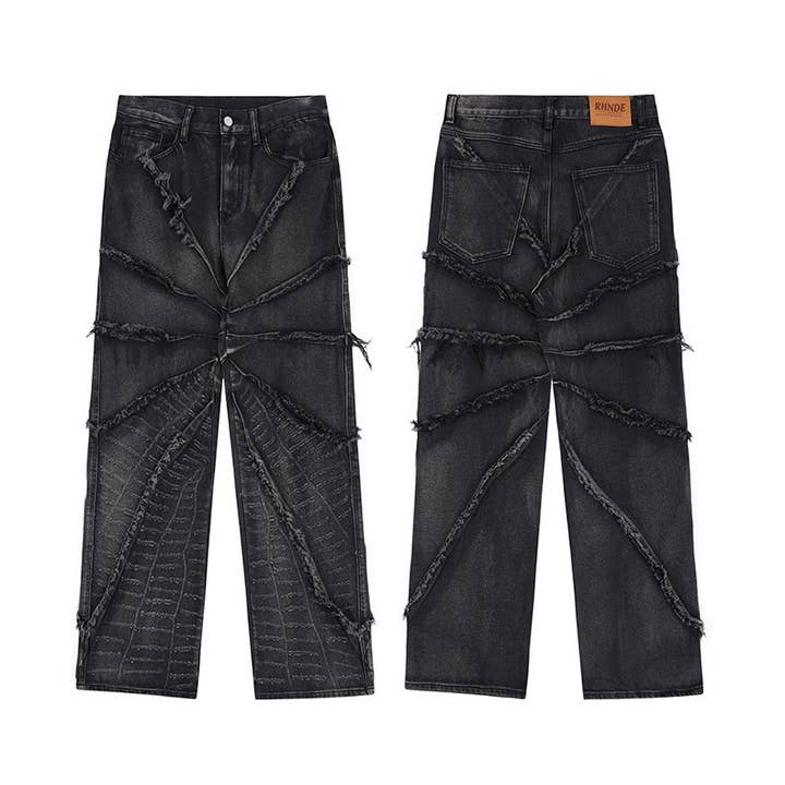 Negro-Gris Pantalones holgados vintage de tela de araña con bordes crudos para hombre de venta al por mayor en Faire