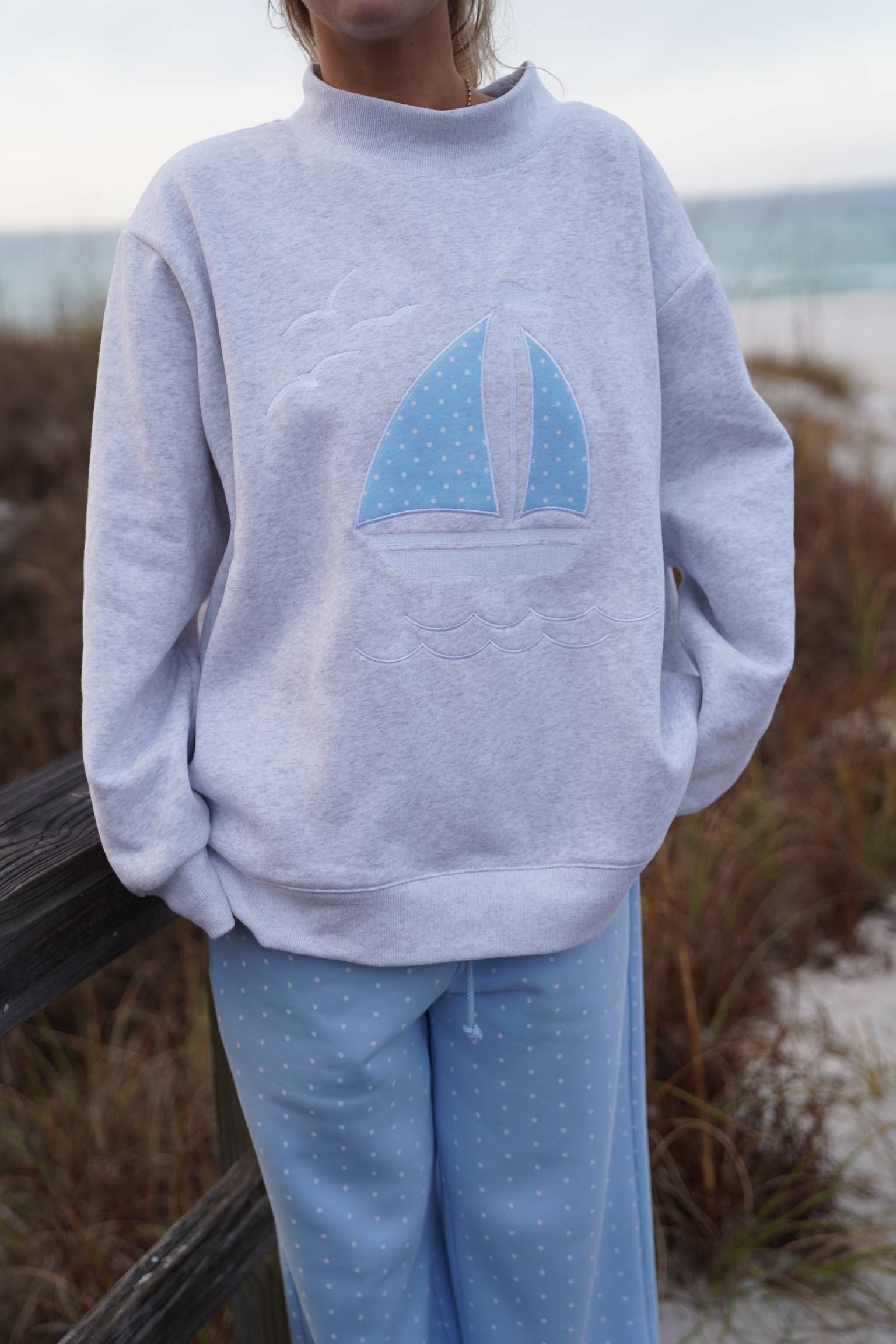 Sunkissed Coconut - Wholesale Sweatshirt - Women's - Polka Dot Sailboat Embroider Mockneck Sweatshirt10