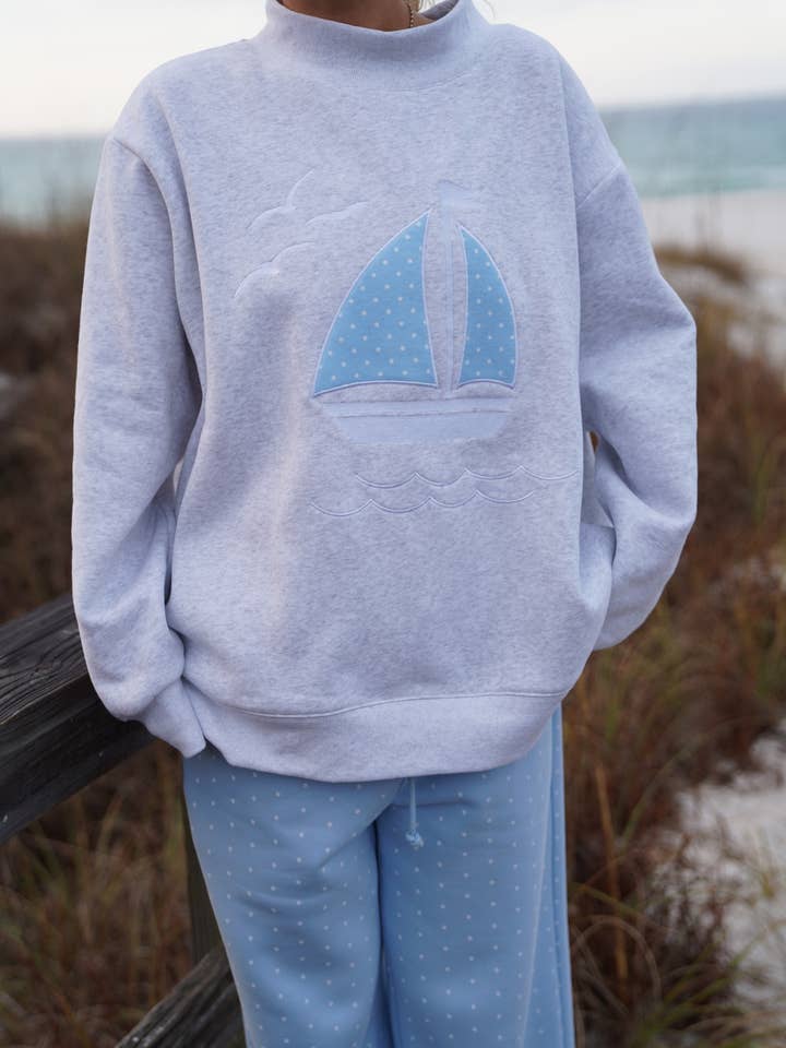 Sunkissed Coconut - Wholesale Sweatshirt - Women's - Polka Dot Sailboat Embroider Mockneck Sweatshirt10