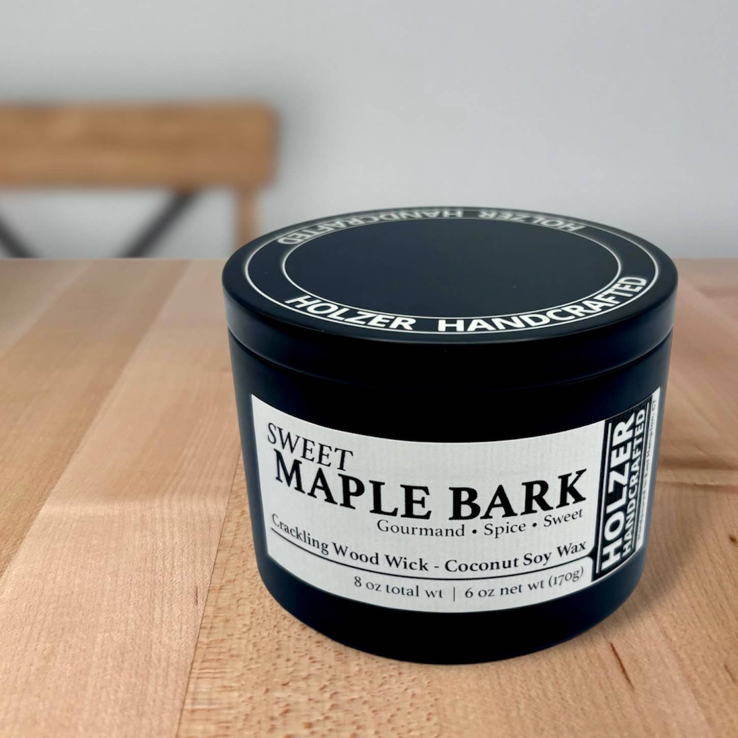Holzer Handcrafted ® - Wholesale Jar/Filled Candle - Wood Wick Candle Sweet Maple Bark - Maple Chai + Vanilla Cream Scented | Natural | Hand-poured Coconut Soy Wax | 6 oz Modern Black Tin with Lid | Handmade | Non-toxic Phthalate-free Luxury Fragrance6