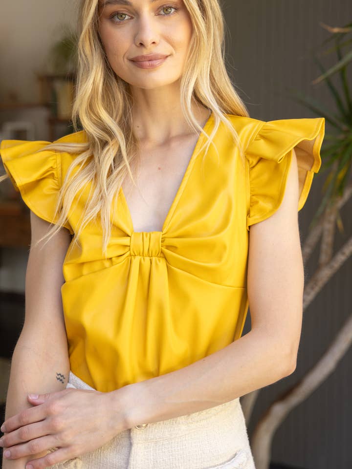 33076 Front Tie Detailed Ruffle Sleeve PU Top for wholesale by VOY