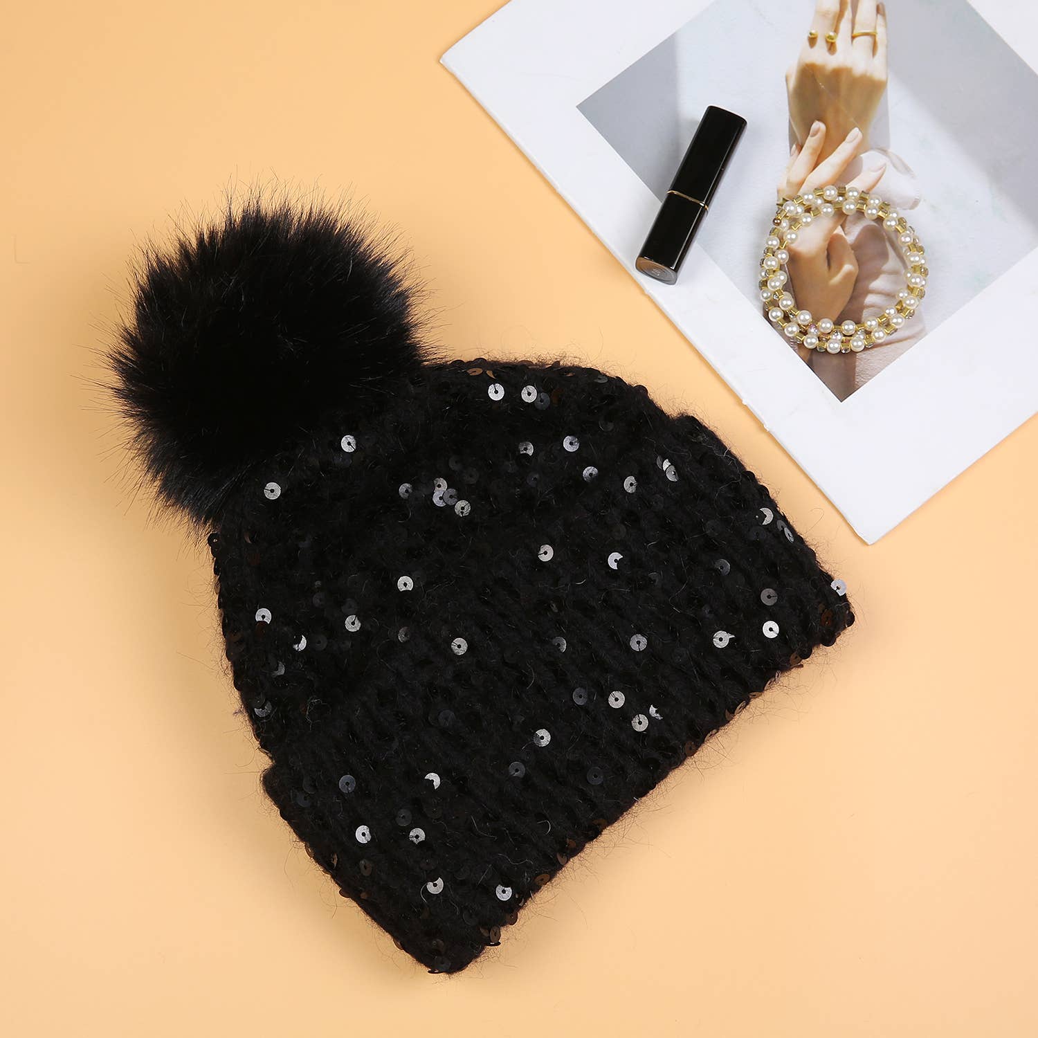 PEACH ACCESSORIES – wholesale Winter accessory set – women's – Sequins Pompom Hat and Gloves Set SD117-110