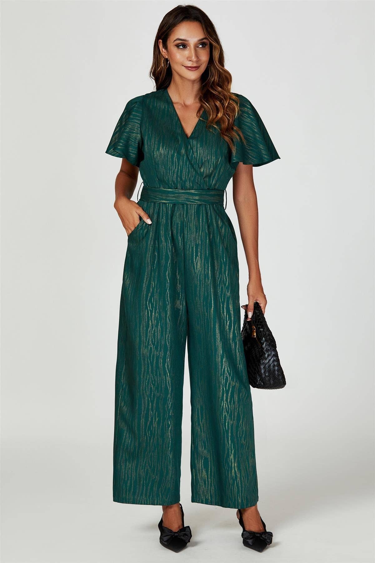 Gold Foil Print Wrap Top Jumpsuit In Green for wholesale on Faire4