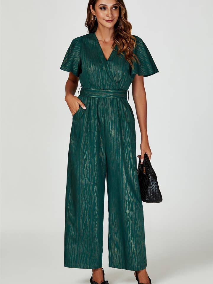 Gold Foil Print Wrap Top Jumpsuit In Green for wholesale on Faire4
