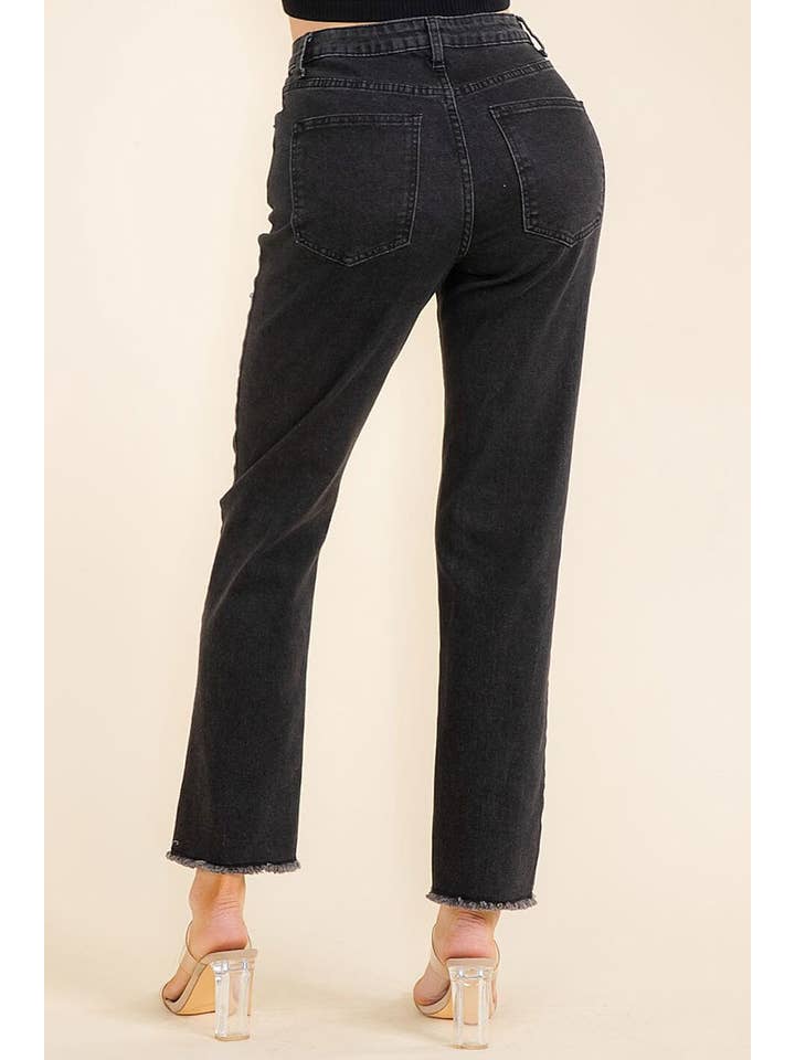 Black RHINESTONE DETAIL STRAIGHT LEG DENIM PANTS for wholesale on Faire