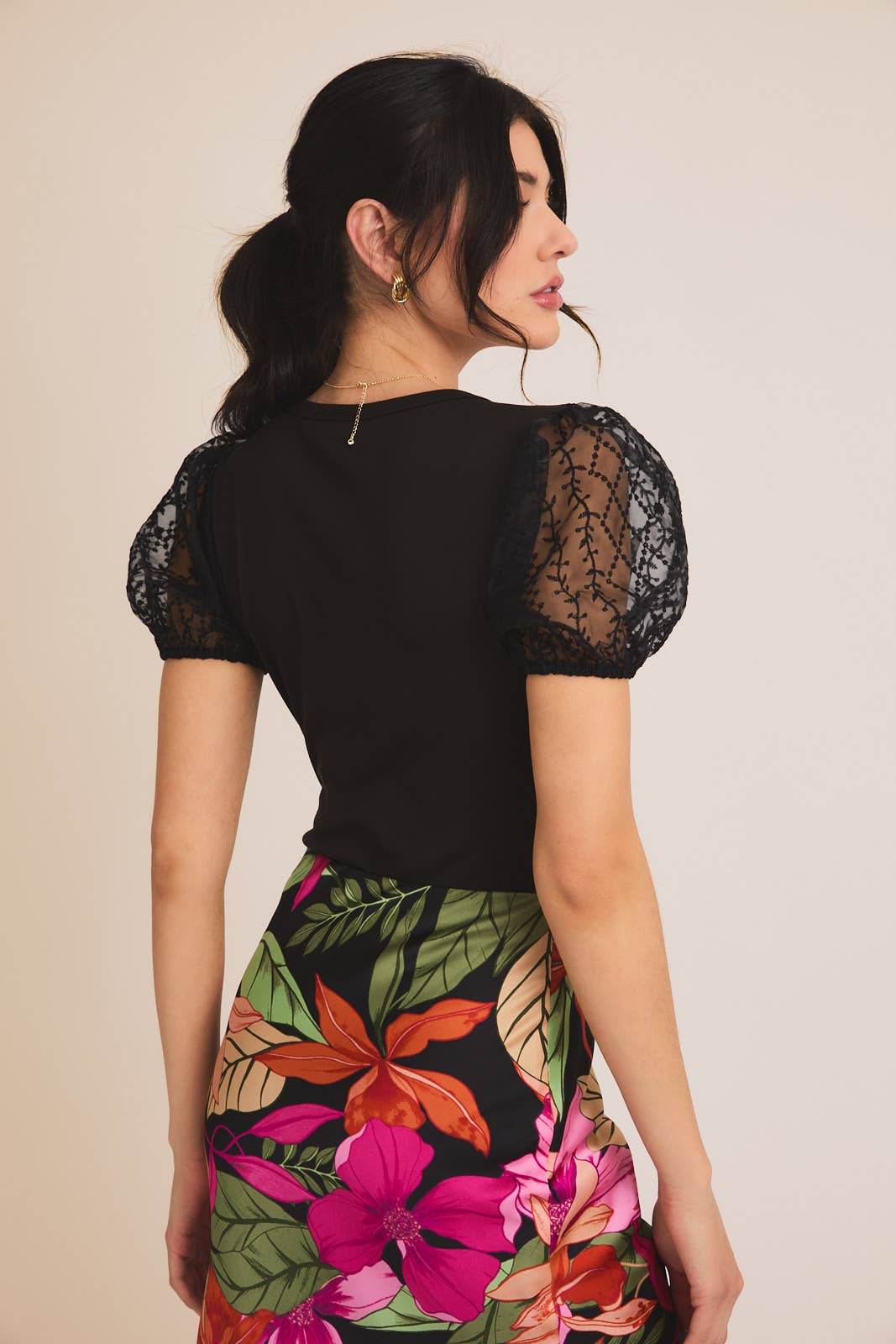 Black ROUND NECK LACE PUFF SLEEVE KNIT + LACE MIX BODYSUIT for wholesale on Faire3