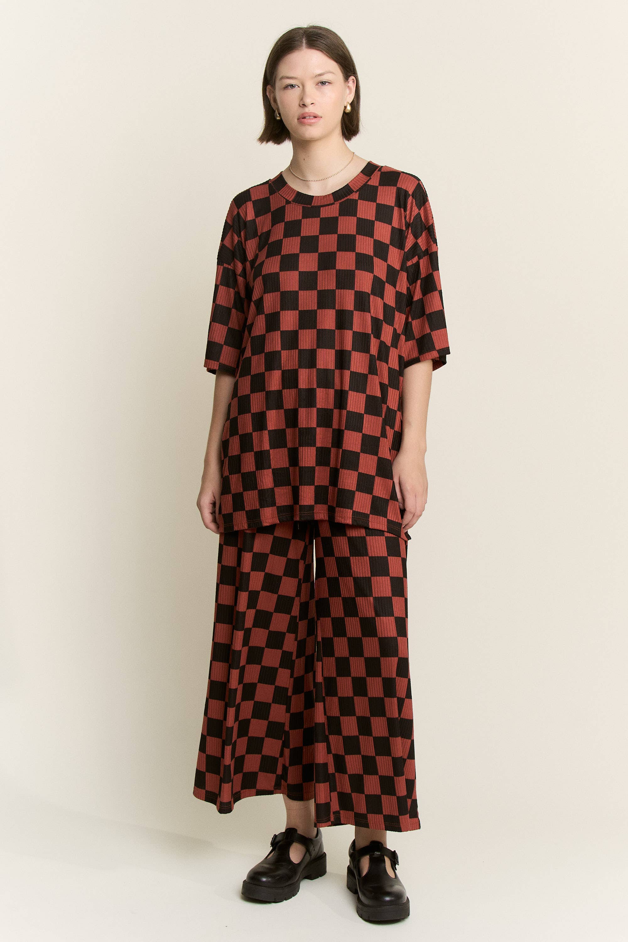 JADE BY JANE - Wholesale Lounge Set - Women's - RIBBED CHECKERED PRINT TOP/STRAIGHT LEG PANTS SET36