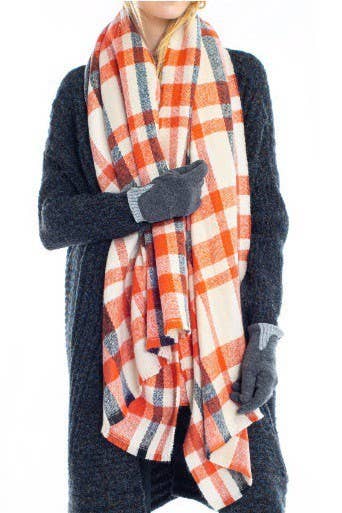 Olive & Pique - Wholesale Scarf - Unisex - Plaid Oversized Blanket Scarf / Shawl, 75" x 31.5", Orange2