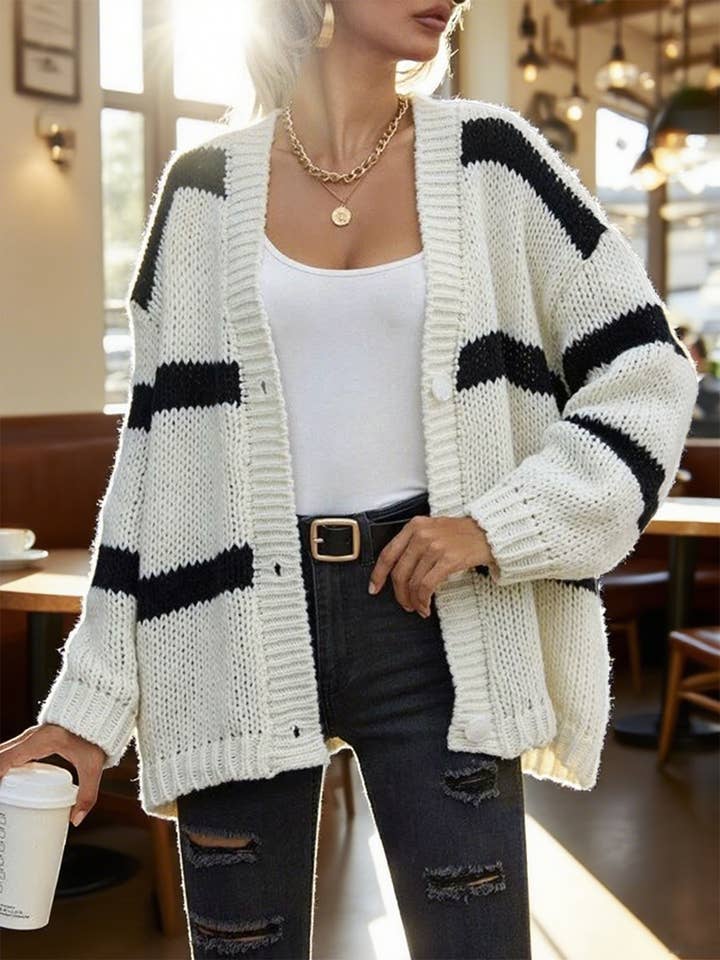 WHITE Striped V-neck sleeved chunky knitted cardigan for wholesale on Faire2