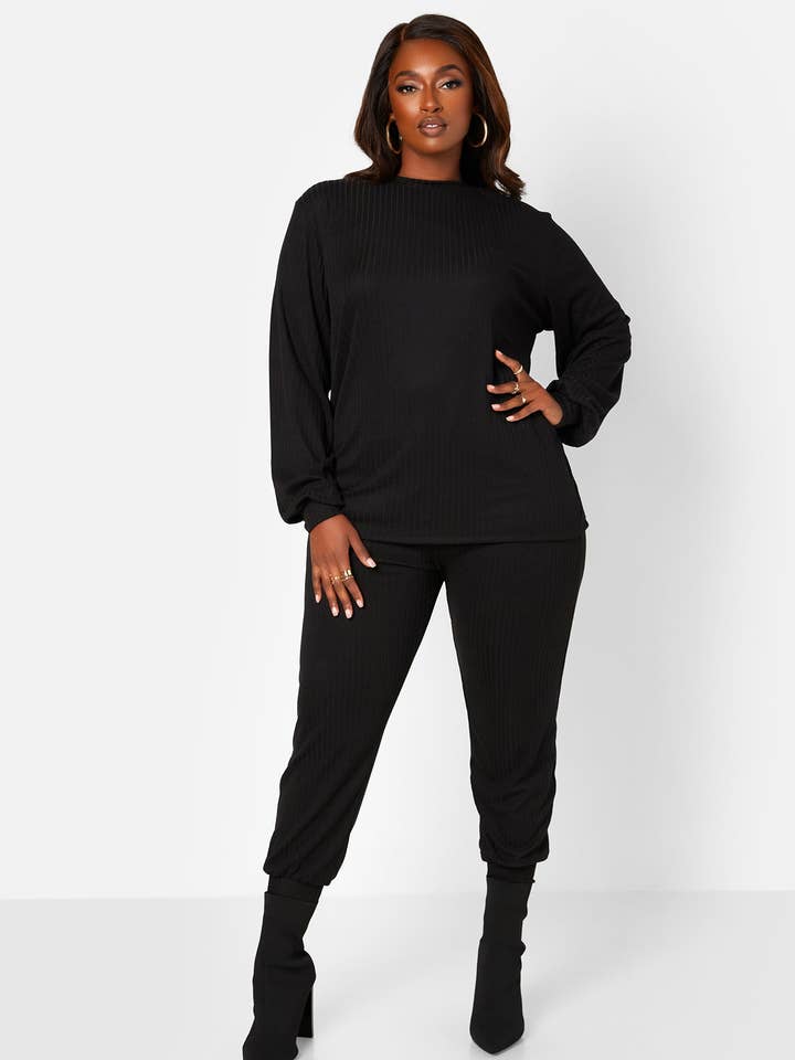 Ensemble Chemise Côtelée Oversize et Jogging - Noir pour la vente par REBDOLLS