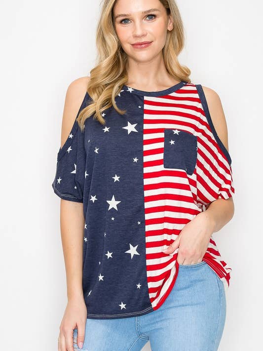 FLÅDE 10735SL524 - UDSKÆRING PÅ ÆRMESTJERNE OG STRIBET TOP for engroshandel på Faire3