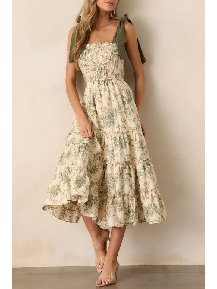 green 2025 komorebi Spring floral flare swing Dress w bow straps for wholesale on Faire2