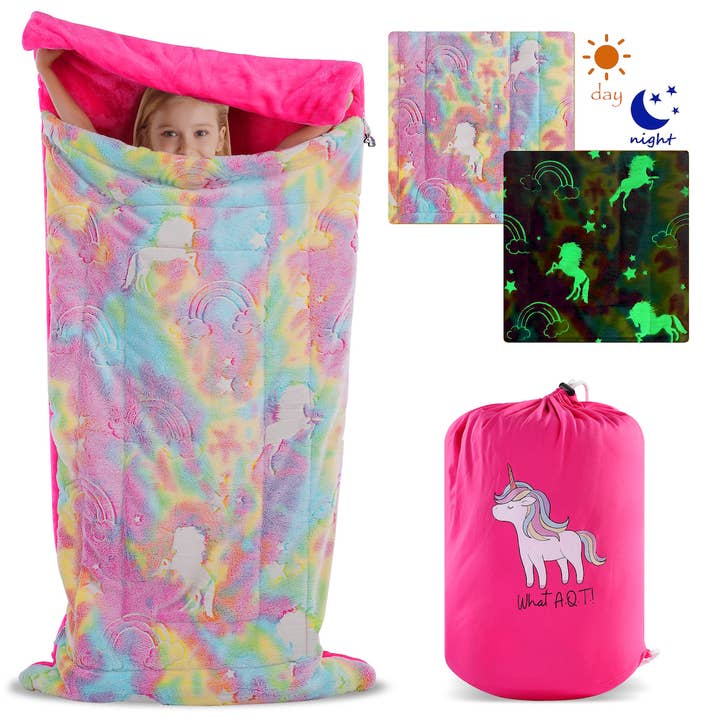 Unicorn and Rainbow Plush Glow in The Dark Sleeping Bag for wholesale by AQT LLC