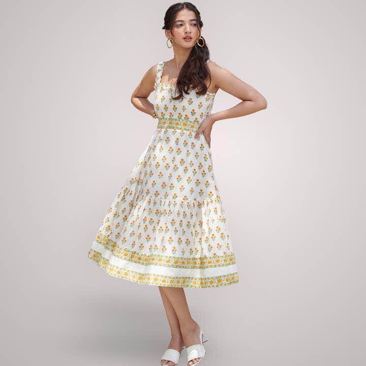 Vestido Midi de Cintura Descaída | Verde/Laranja | Estampa em Bloco | Margarida por atacado de Echo of Pink