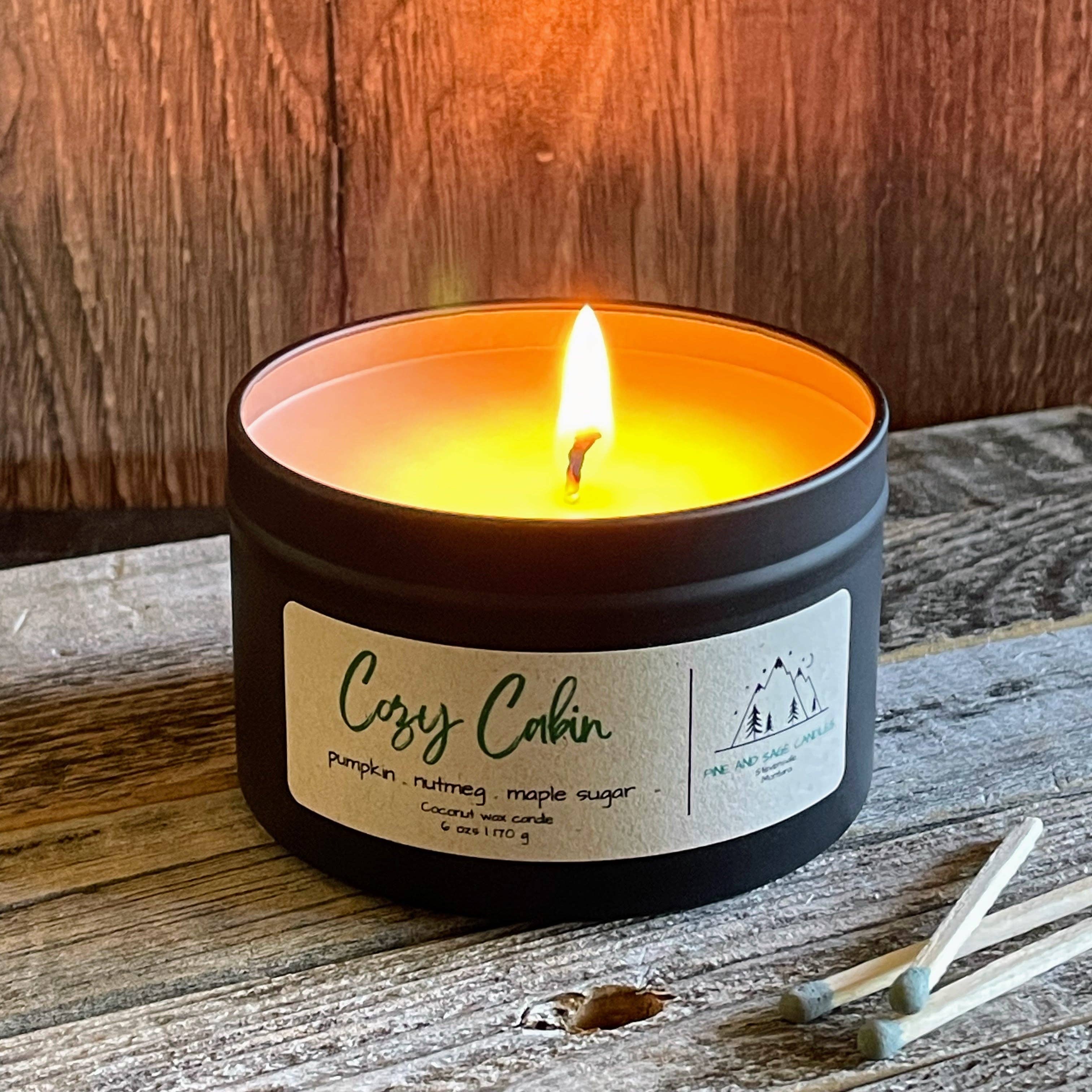 Pine and Sage Candles - Wholesale Travel Candles - Cozy Cabin - 6 oz Black Matte Candle Tin2