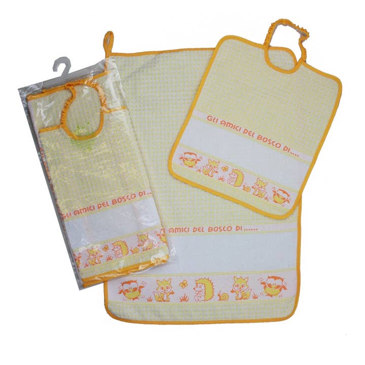 Almatex srl - Wholesale Dishcloth - Set of 2 pcs. FRIENDS OF THE WOOD:towel+bib with elastic band with etamine band to embroider1