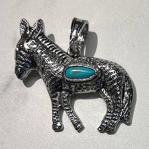 PDY250823-01-AZUL Burro de metal plateado con colgante de piedra turquesa azul para venta al por mayor de Western Elite Jewelry