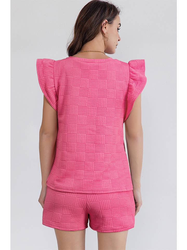 LA Society - Wholesale Lounge Set - Women's - Textured Ruffled Sleeve Tee and Drawstring Shorts Set