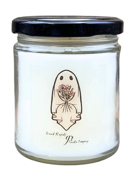 Cute Ghost with Flower Bouquet. 9oz Soy Blend Candle for wholesale by Grand Rapids Candle Company