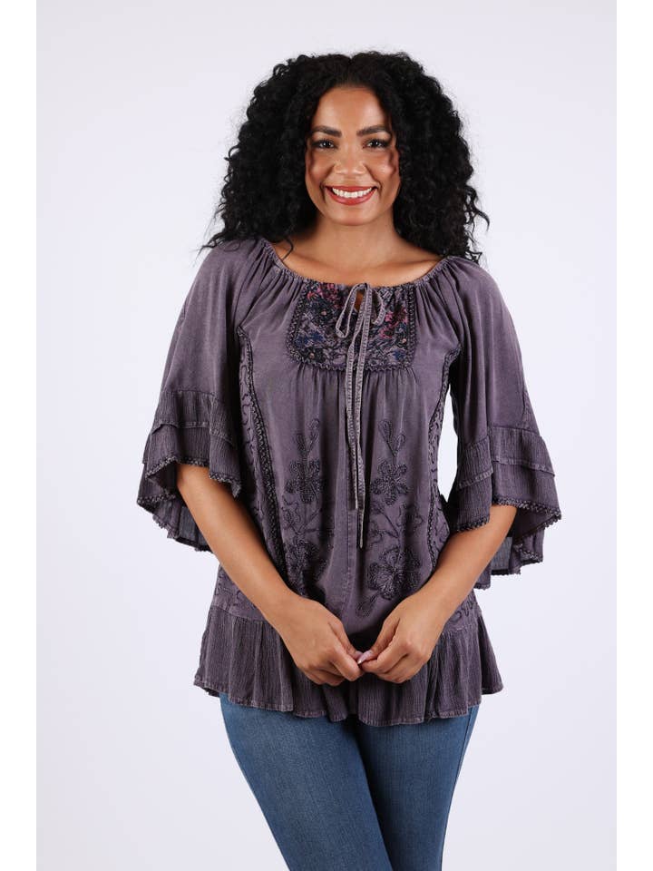 Sacred Threads - Wholesale Blouse - Women's - Embroidered Boho Peasant Blouse: Ruffle Bell Sleeves Top