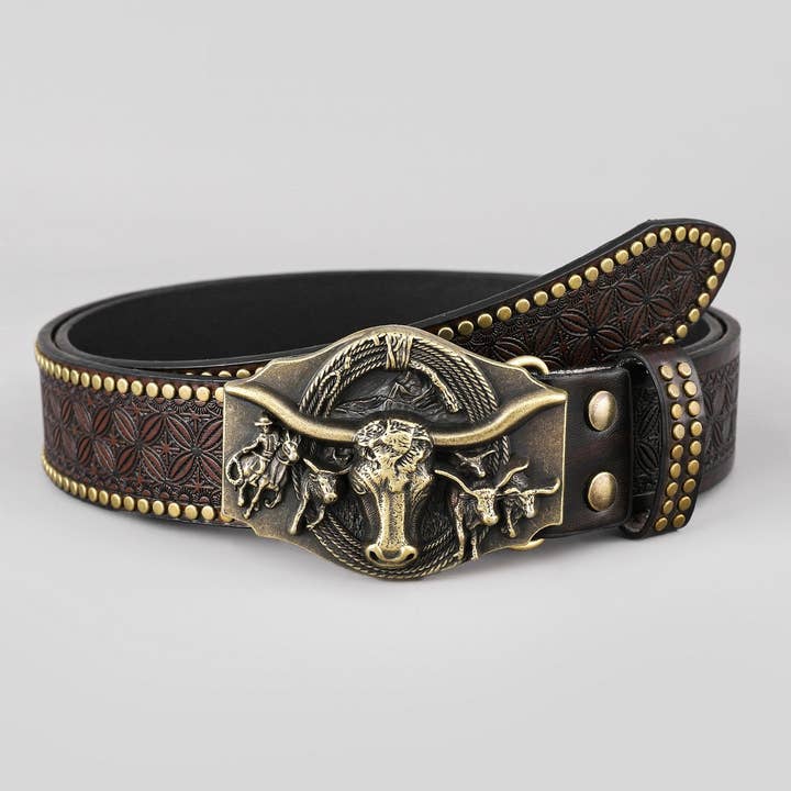 WESTERN LEATHER BELT WITH BULL HEAD BUCKLE RIVET _CWABE0415 for wholesale by ACCITY