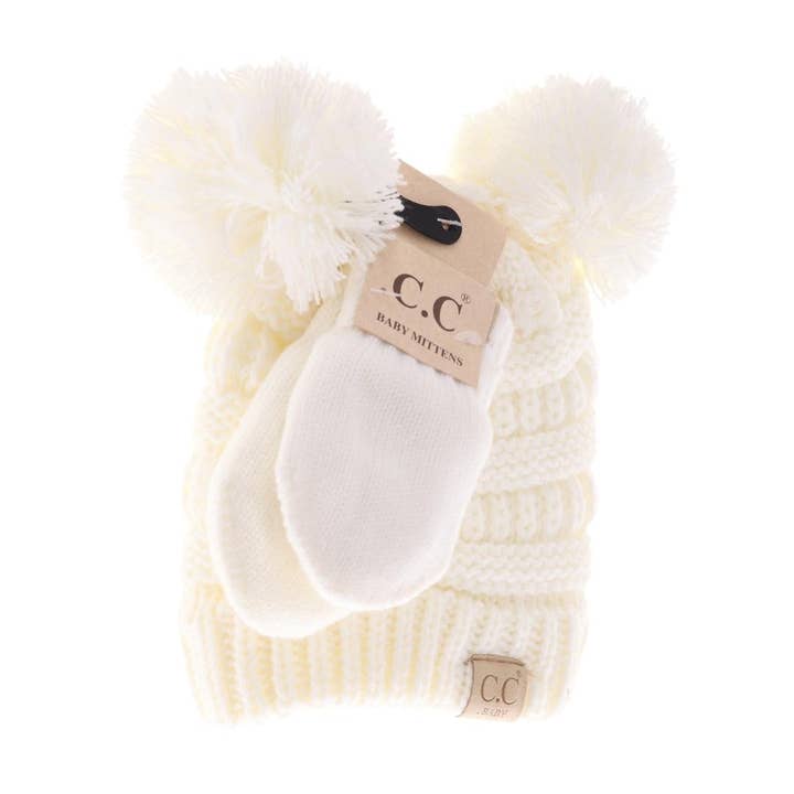 C.C Beanie - Wholesale Beanie - Kids - BABY Solid Knit Double Pom C.C Beanie with Mitten SET BABYSE