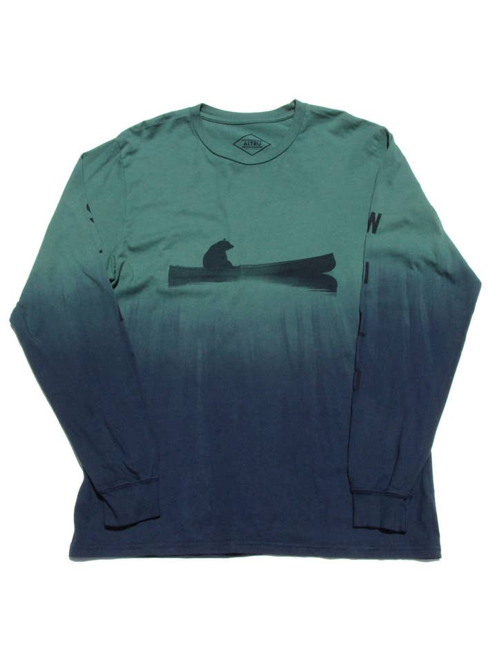 Green Blue Up a Creek Bear in a Canoe Dip-Dye long sleeve graphic tee for wholesale on Faire
