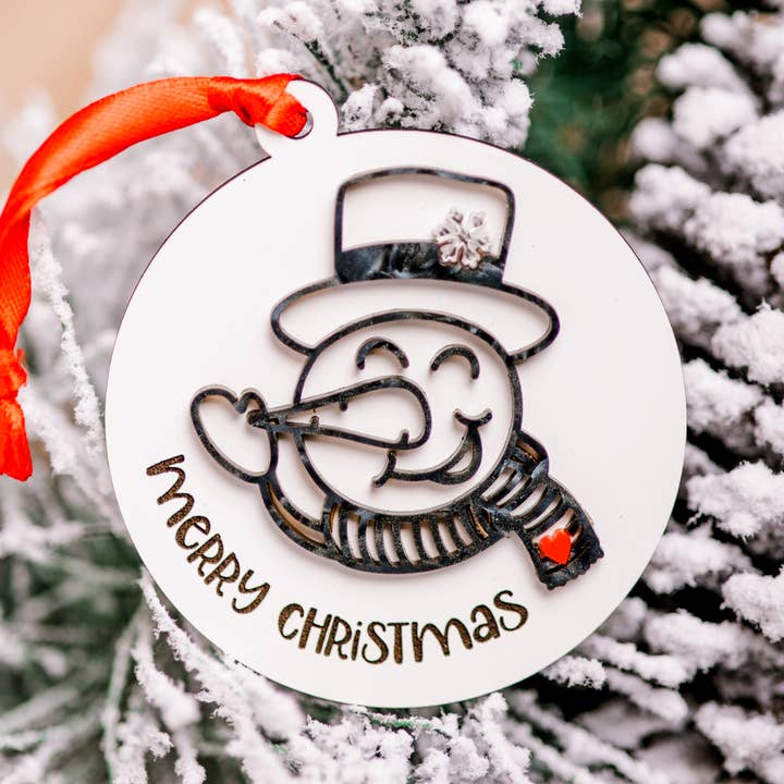 Merry Christmas Snowman Ornament for wholesale by The Scarlett Butterfly