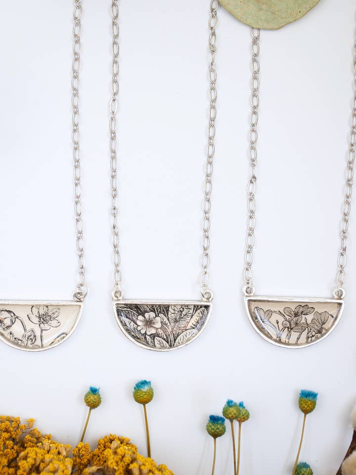 Demi crescent necklace- b&w botanicals, nature, garden for wholesale by joeyfivecents