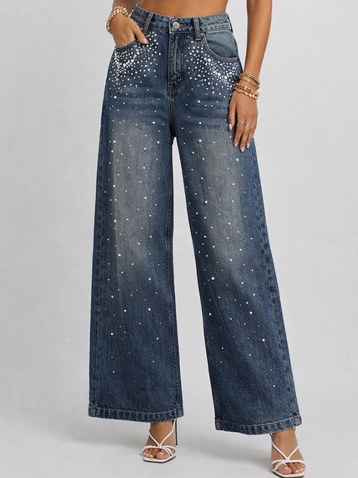 Damer Faux Perle Knap Talje Brede Ben Denim Bukser for engroshandel hos Sweetkama