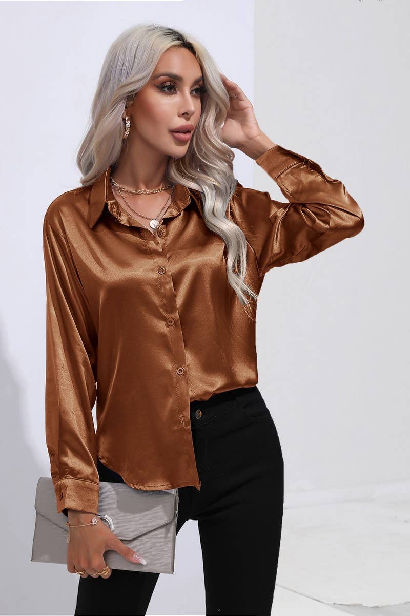 NINEXIS - Wholesale Button Down Shirt - Women's - CWTBLL0690_Button Down Silky Satin Long Sleeve Top71