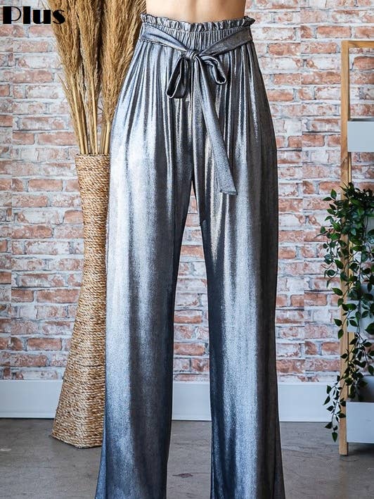 P3267HE11PLPAPER BAG WAISTBAND METALLIC SLINKY CASUAL PANTS for wholesale by Sunday Morning