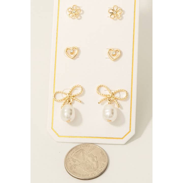 GD Pearl Charm Bow Heart And Flower Stud Earrings Set for wholesale on Faire